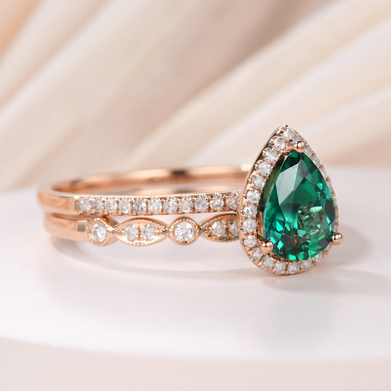 1 Carat Teardrop Emerald Engagement Ring Set Diamond Wedding Band 14k Yellow Gold Art Deco Milgrain Stacking