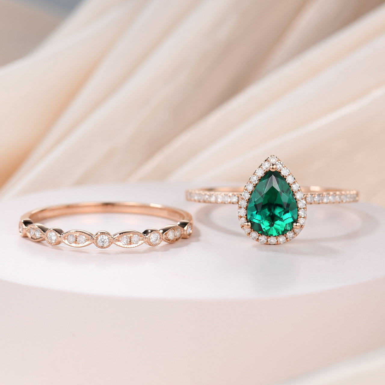 1 Carat Teardrop Emerald Engagement Ring Set Diamond Wedding Band 14k Yellow Gold Art Deco Milgrain Stacking