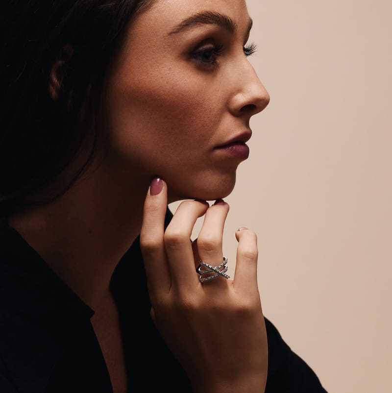 3 Row Baguette & Round Crossover Ring