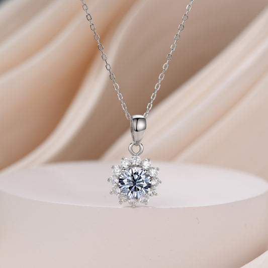 1 Carat Floral Round Grey Moissanite Pendant Necklace Moissanite Halo Sunflower Gold Chain Pendant Anniversary Gift