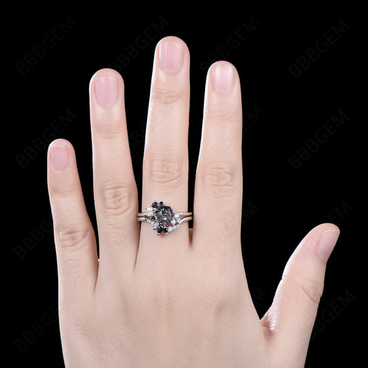 Hexagon Cut Black Rutilated Quartz Ring Cluster Moissanite Ring