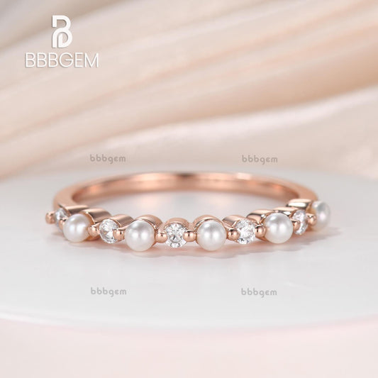 2.5mm Freshwater Pearl Moissanite Ring Wedding Band For Women Duo Five Stone Alternating Stackable Band in 18k Rose Gold