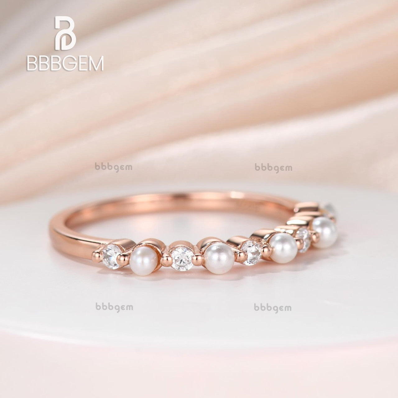 2.5mm Freshwater Pearl Moissanite Ring Wedding Band For Women Duo Five Stone Alternating Stackable Band in 18k Rose Gold