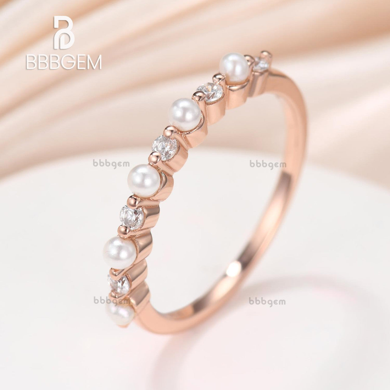 2.5mm Freshwater Pearl Moissanite Ring Wedding Band For Women Duo Five Stone Alternating Stackable Band in 18k Rose Gold