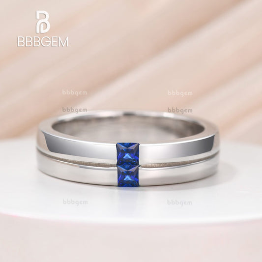 5mm Vertical Princess Cut Sapphire Men's Ring in Sterling Silver Couple Gender-neutral Ring 0.2 Carat