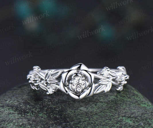 Dainty Rose Flower Natural Diamond Ring Nature Inspired Minimalist Engagement Ring Solid Gold Promise Ring