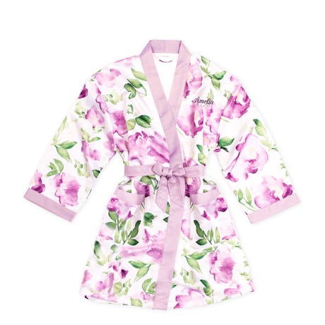 Personalized Junior Bridesmaid Satin Robe With Pockets - Lavender Floral