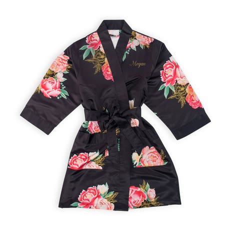Personalized Junior Bridesmaid Satin Robe With Pockets - Black Blissful Blooms