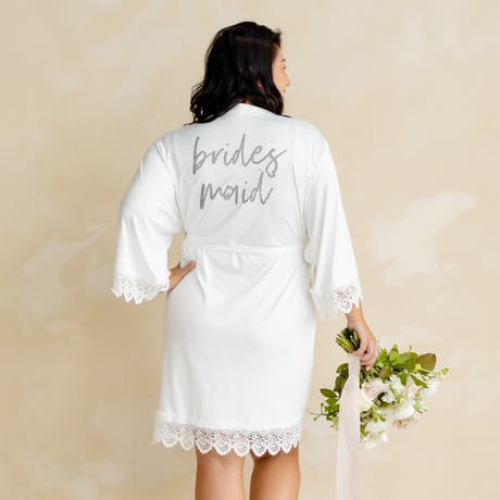 Women's Custom Printed Jersey Knit Robe With Lace Trim - Bridesmaid