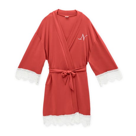 Personalized Junior Bridesmaid Jersey Knit Robe With Lace Trim - Coral