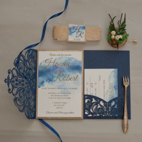 Watercolor Splendor Navy Laser Cut Pocket Fold And Watercolor Invitation And Gold Glittery Backer Swws220