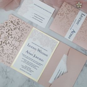 Blush Laser Cut Pocket Fold Resembles Lace With A Lace Inspired Invitation, Mirrored Backer, And Custom Belly Band Swws181
