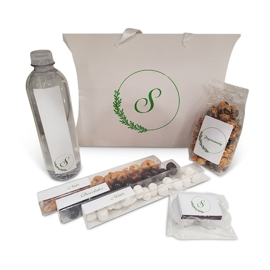 White Pillow Box Welcome Package With Wreath Monogram, (Available In Color Of Your Choice)