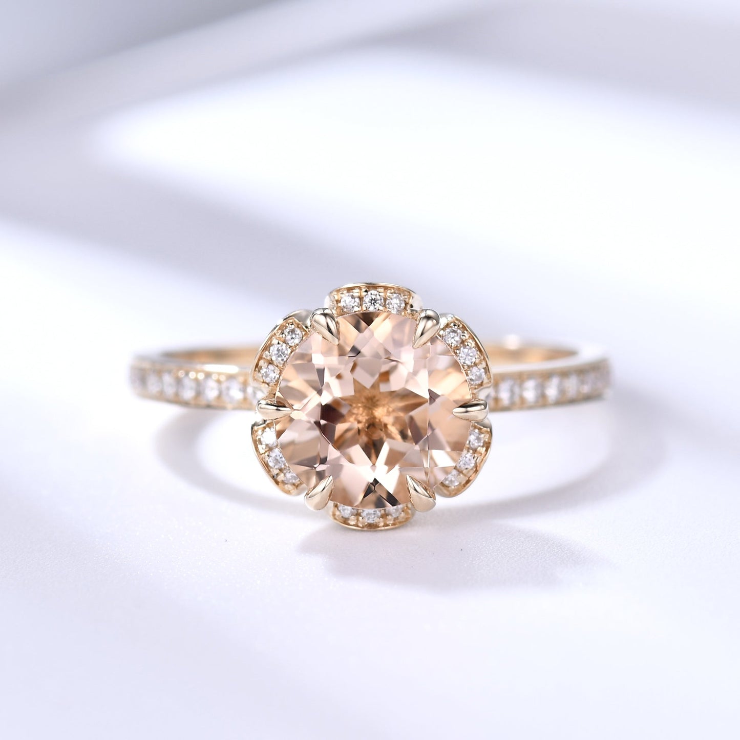 Floral 7mm Round Cut Natural Morganite Engagement Ring Diamond Hidden Halo Crown