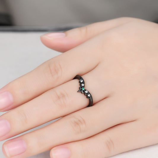 Emerald and Diamond Black Gold Wedding Ring V Chevron Band