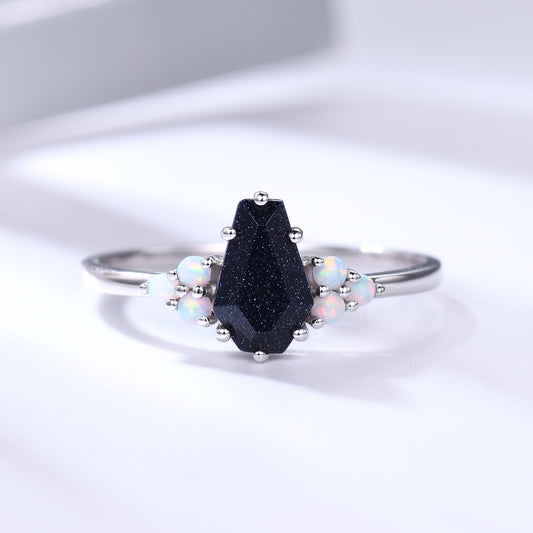 Geometric Galaxy Blue Sandstone Coffin Cut Ring With Cluster Round Opal Sidestones Ring