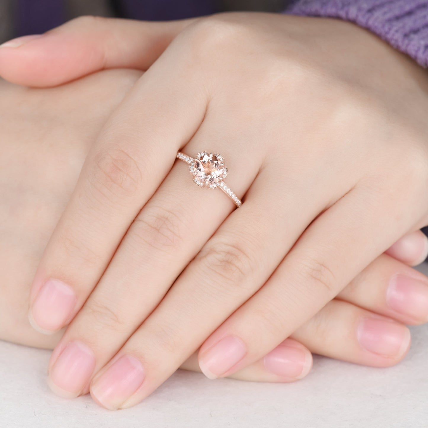 Floral 7mm Round Cut Natural Morganite Engagement Ring Diamond Hidden Halo Crown