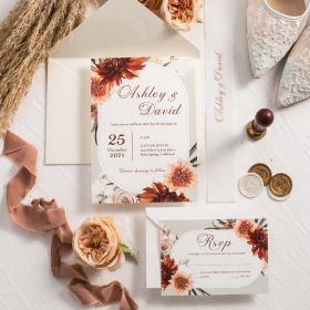 Boho Burnt Orange Floral Wedding Invitation With Foiled Belly Band Swi074
