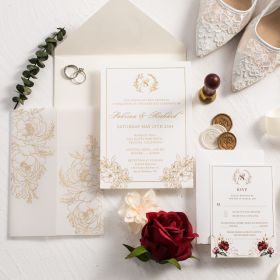 Luxury Gold Floral Border Wedding Invites With Foiled Vellum Wrap Swpi139
