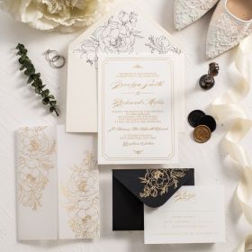 Luxury Gold Border Wedding Invites With Foiled Floral Vellum Wrap Swpi140