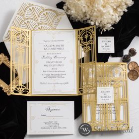 Luxurious Modern Gold Art Deco Gatefold Laser Cut Wedding Invitation Swws330