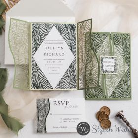 Mordern Sage Green Art Deco Laser Cut Wedding Invitation With Printed Tag Swws331