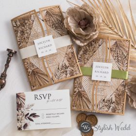 Luxury Tropical Palm Leaf Laser Cut Wedding Invitation With Belly Band Swws319