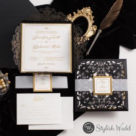 Classic Black And Gold Foiled Laser Cut Wedding Invitation With Belly Band And Tag Swws321
