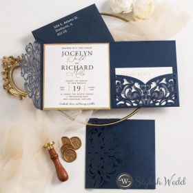 Navy Blue Laser Cut Tri-Fold Pocket Wedding Invitation Swws323