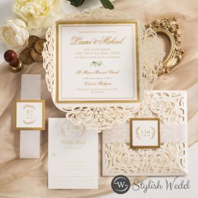 Elegant Ivory And Gold Foiled Border Laser Cut Wedding Invitation Swws324