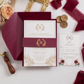Rose Design Gold Foil Printing Invitation With Foiled Burgundy Bellyband Swi083