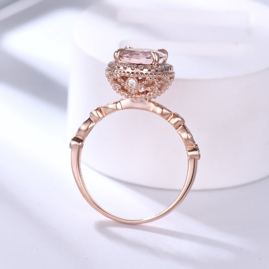 Hidden Halo 8x10mm Vintage Oval Peach Morganite Engagement Ring Rose Gold Art Deco Ring