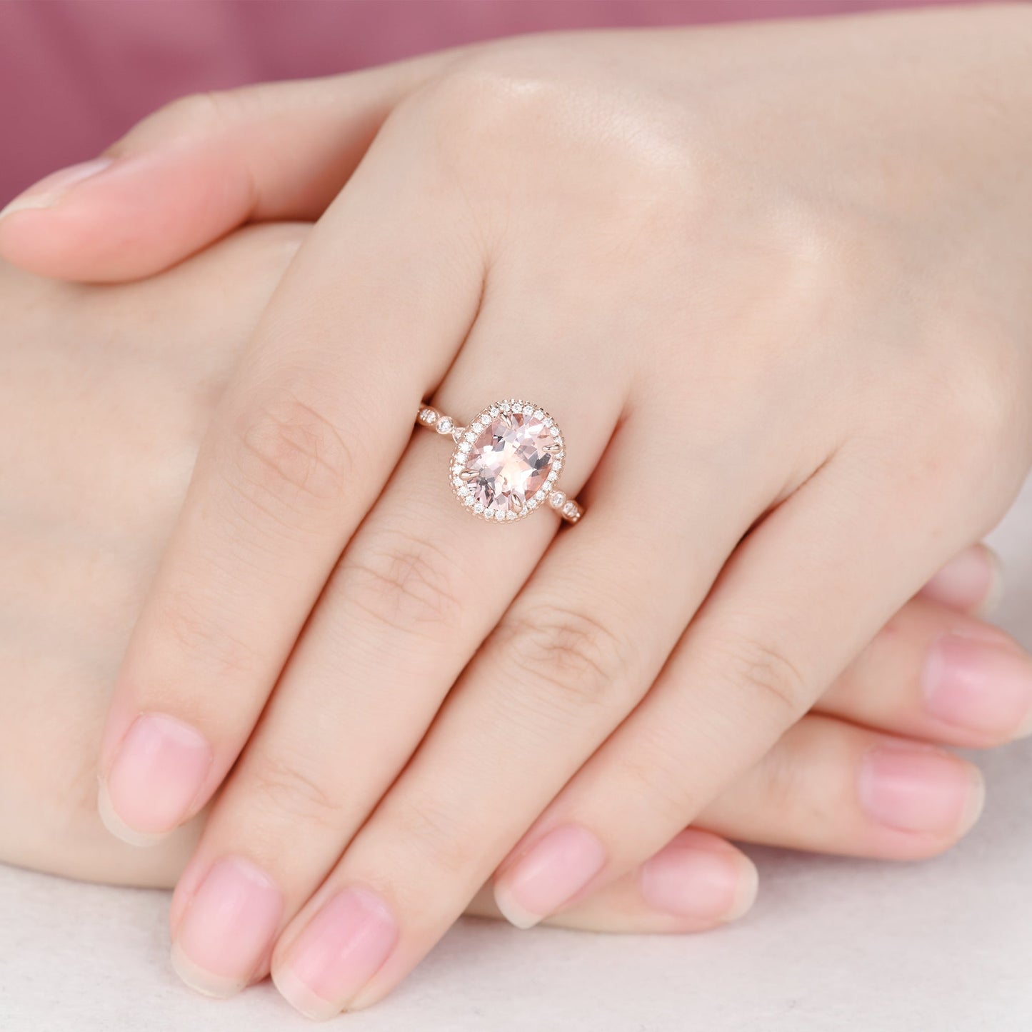 Hidden Halo 8x10mm Vintage Oval Peach Morganite Engagement Ring Rose Gold Art Deco Ring