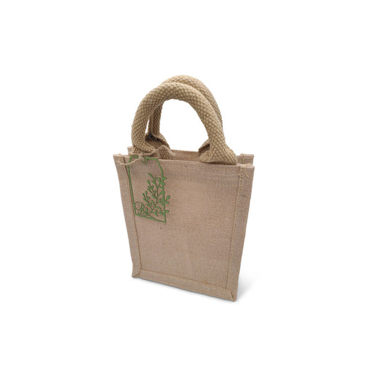 Burlap Tote Bag With Lasercut Leaf Tag. Measures 6 X 7 X 4 Inches.