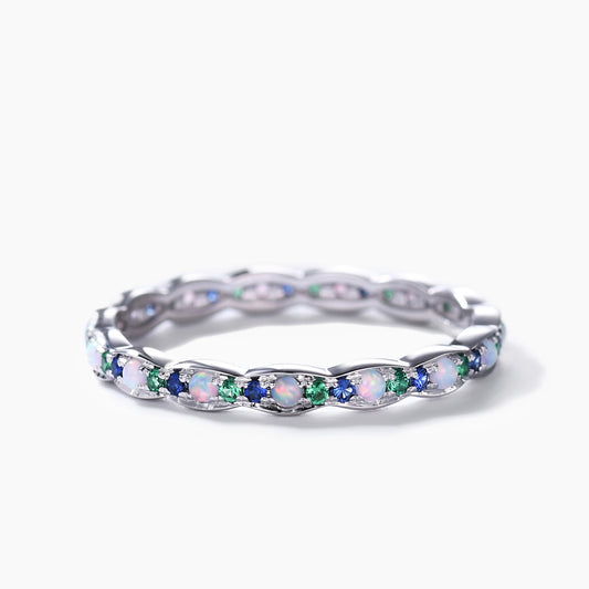 Family Birthstone White Gold Wedding Band Opal Emerald Sapphire Full Eternity Ring