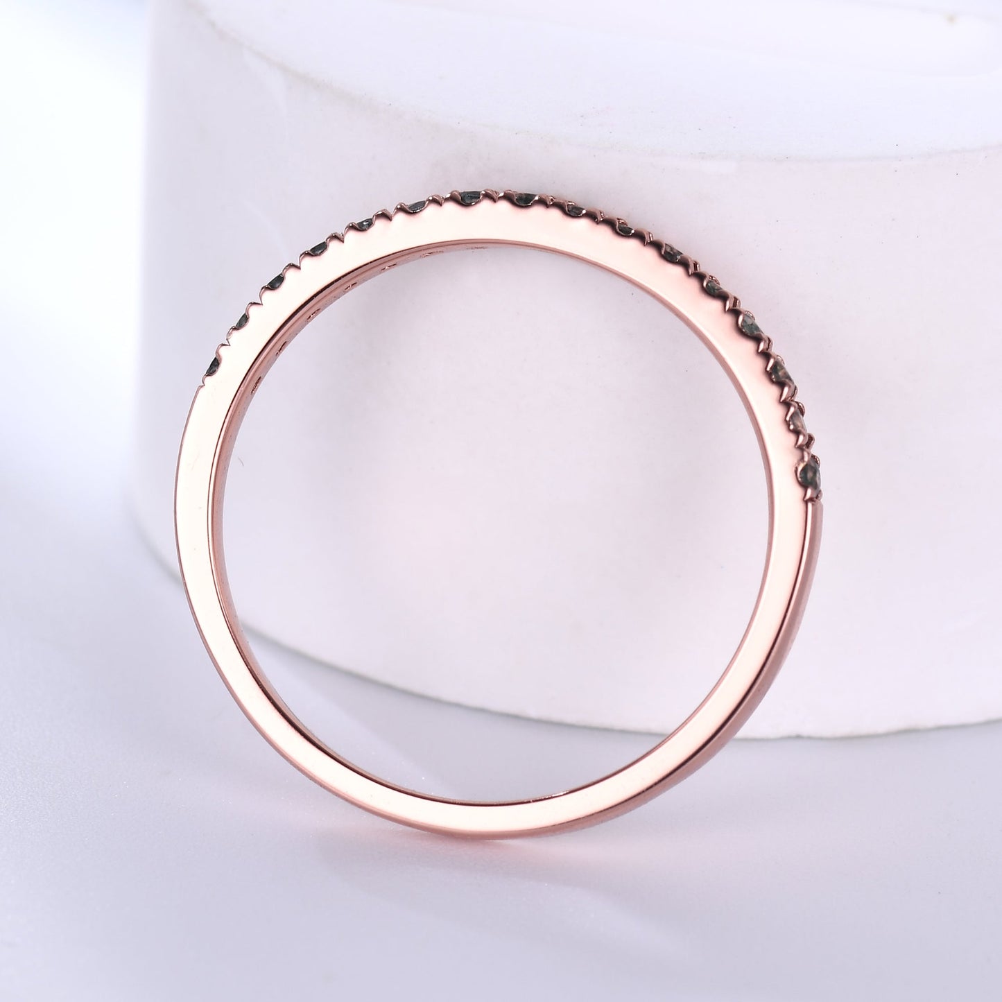 Green Moss Agate Wedding Band Rose Gold Half Eternity Ring Petite 2mm