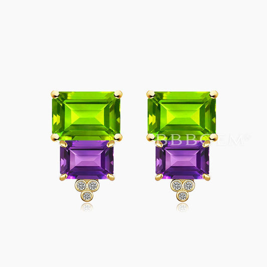 Emerald Cut Natural Peridot Amethyst Stud Earrings Diamond Yellow Gold Earrings