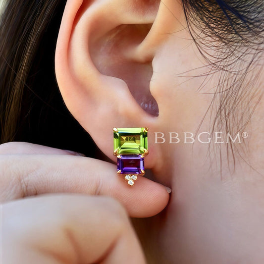 Emerald Cut Natural Peridot Amethyst Stud Earrings Diamond Yellow Gold Earrings