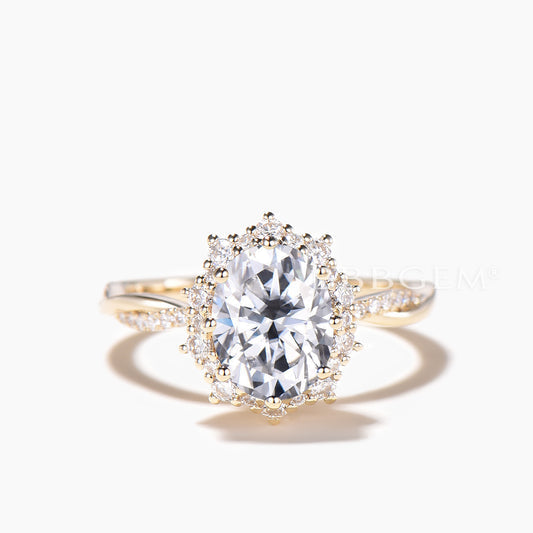 Diamond Halo Ring 1.5CT Oval Cut Moissanite Twisted Engagement Ring