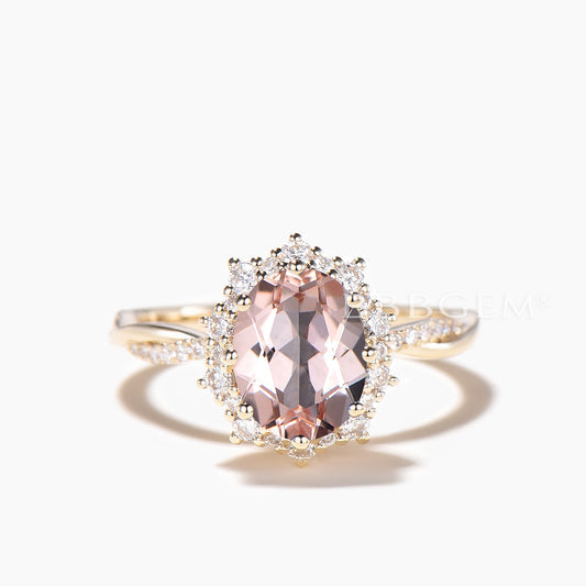 1.5CT Oval Cut Natural Morganite Diamond Accents Halo Yellow Gold Twisted Ring