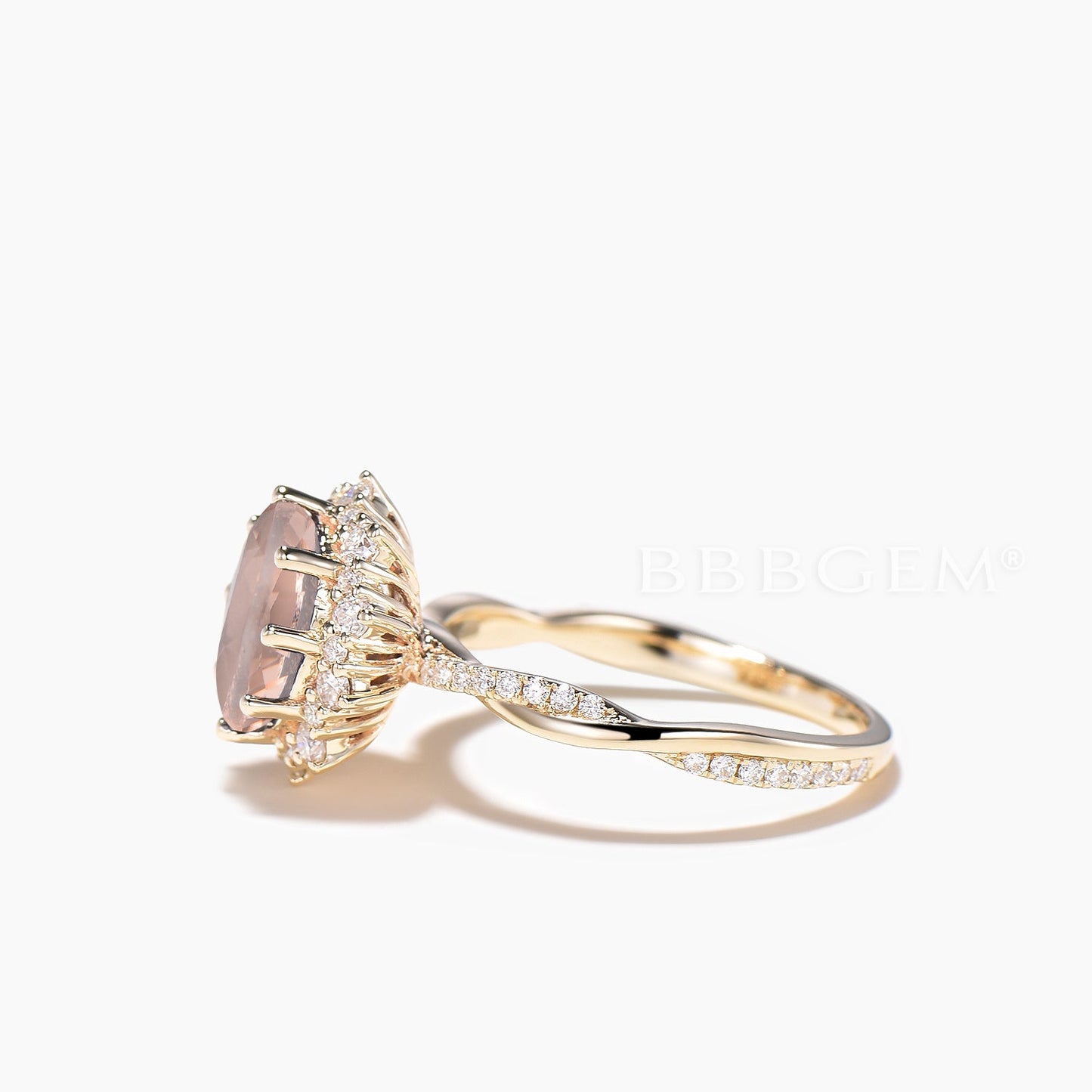 1.5CT Oval Cut Natural Morganite Diamond Accents Halo Yellow Gold Twisted Ring