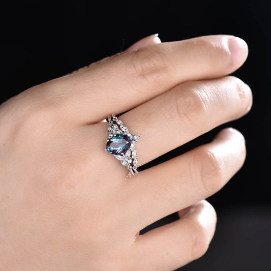 14K/18K Gold Oval Alexandrite Engagement Ring Bridal Set Nadia Marquise Micro Pave