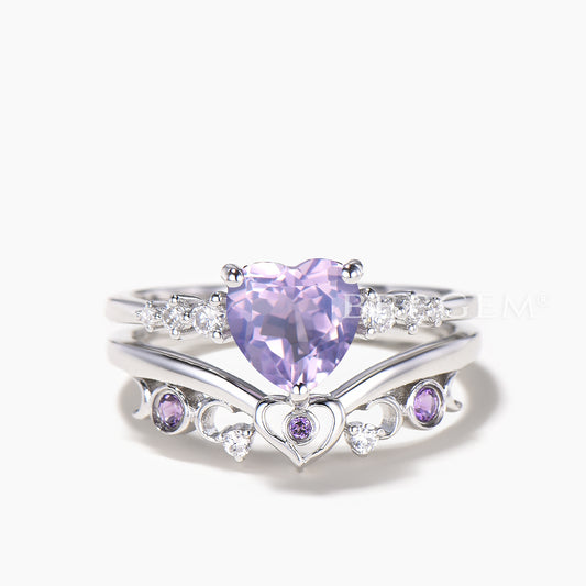 1.2CT Heart Cut Natural Lavender Amethyst Engagement Ring Diamond Bridal Set