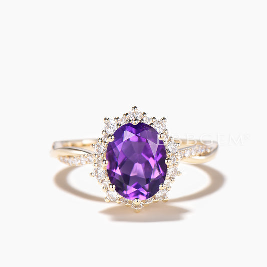 1.5CT Oval Cut Natural Amethyst Twisted Engagement Ring Diamond Halo Ring