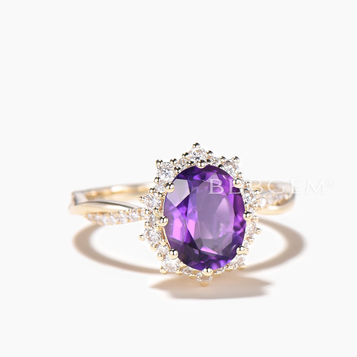 1.5CT Oval Cut Natural Amethyst Twisted Engagement Ring Diamond Halo Ring