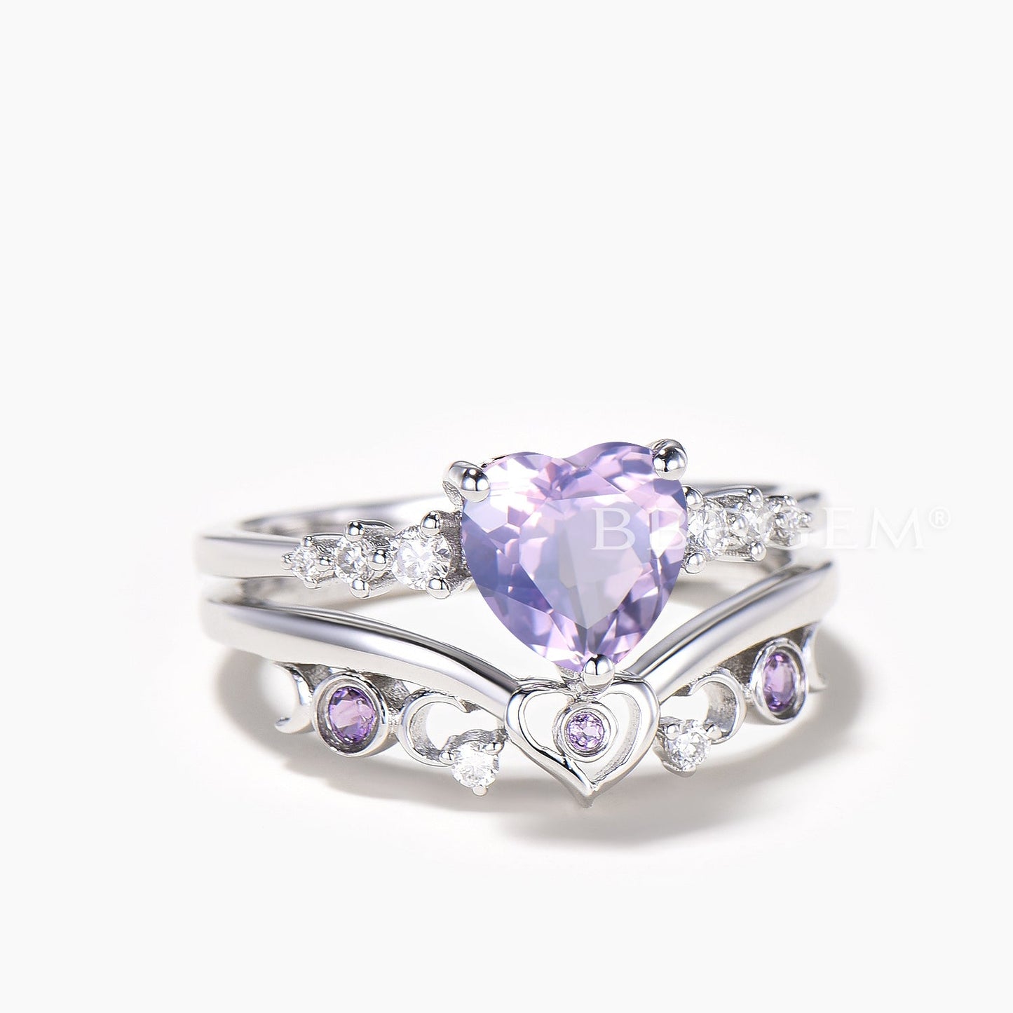 1.2CT Heart Cut Natural Lavender Amethyst Engagement Ring Diamond Bridal Set