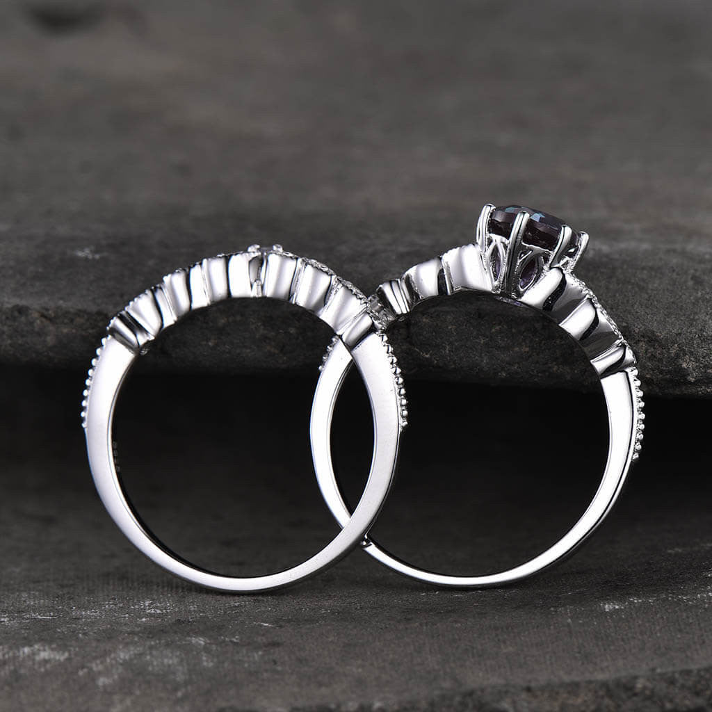 14K/18K Gold Oval Alexandrite Engagement Ring Bridal Set Nadia Marquise Micro Pave