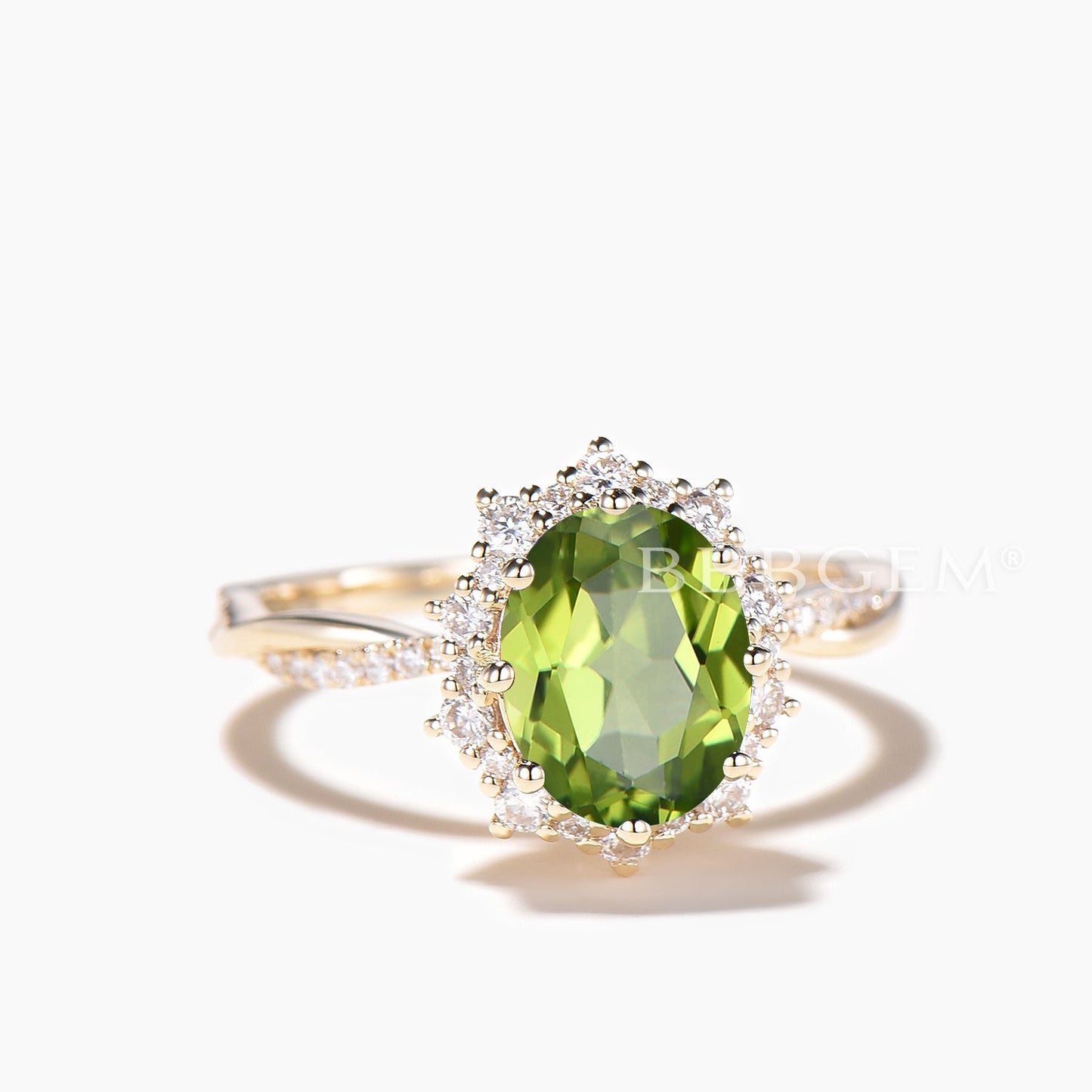 Diamond Twisted Ring 1.5CT Oval Cut Natural Peridot Halo Engagement Ring