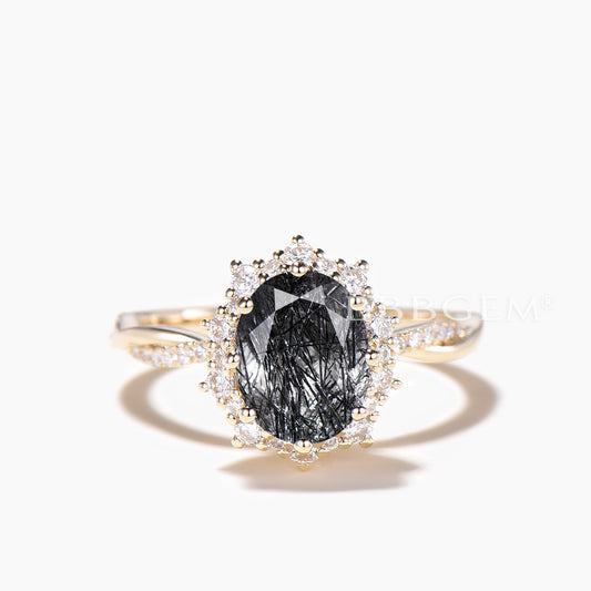 1.5CT Oval Cut Natural Black Rutilated Quartz Twisted Ring Diamond Halo Ring