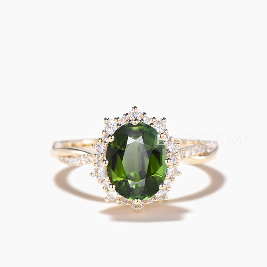 Diamond Halo Ring Oval Cut Natural Green Tourmaline Twisted Wedding Ring